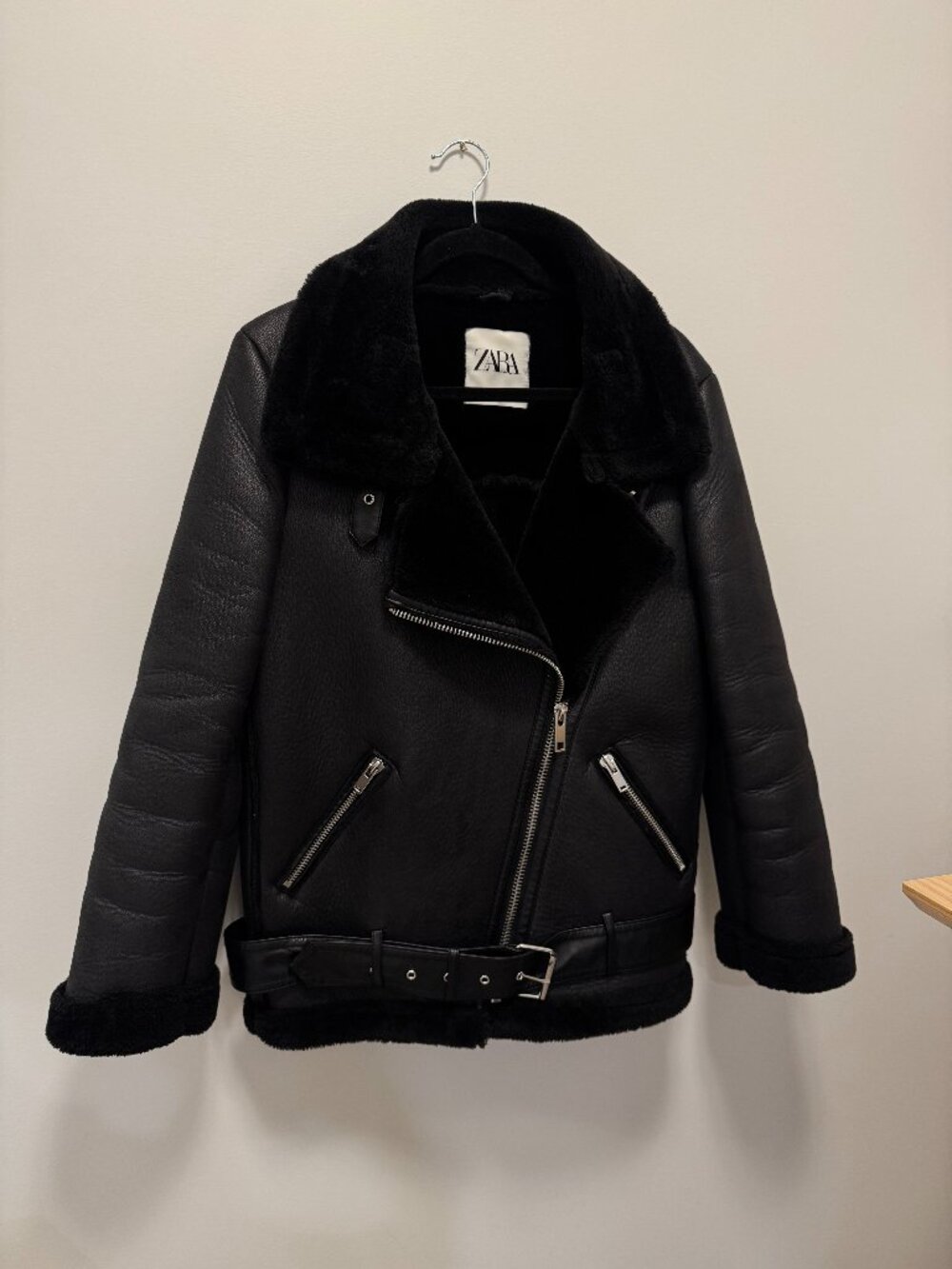 Zara Faux Leather Shearling Biker Jacket Moto Coat